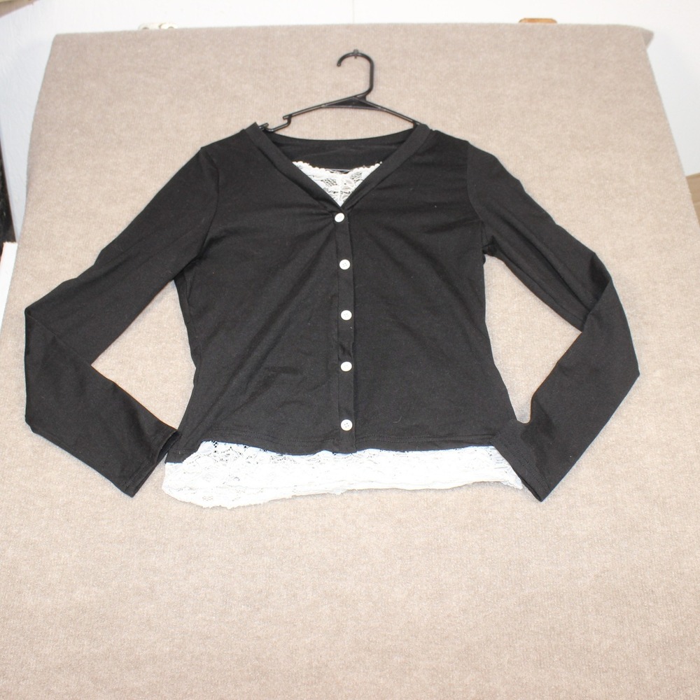 Unbranded Black Faux Layered Lace Trim Cardigan Top Long Sleeve V-Neck Medium
